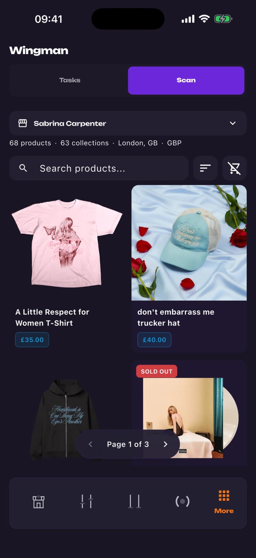 Wingman Scan product grid for Sabrina Carpenter, with a floating page pill