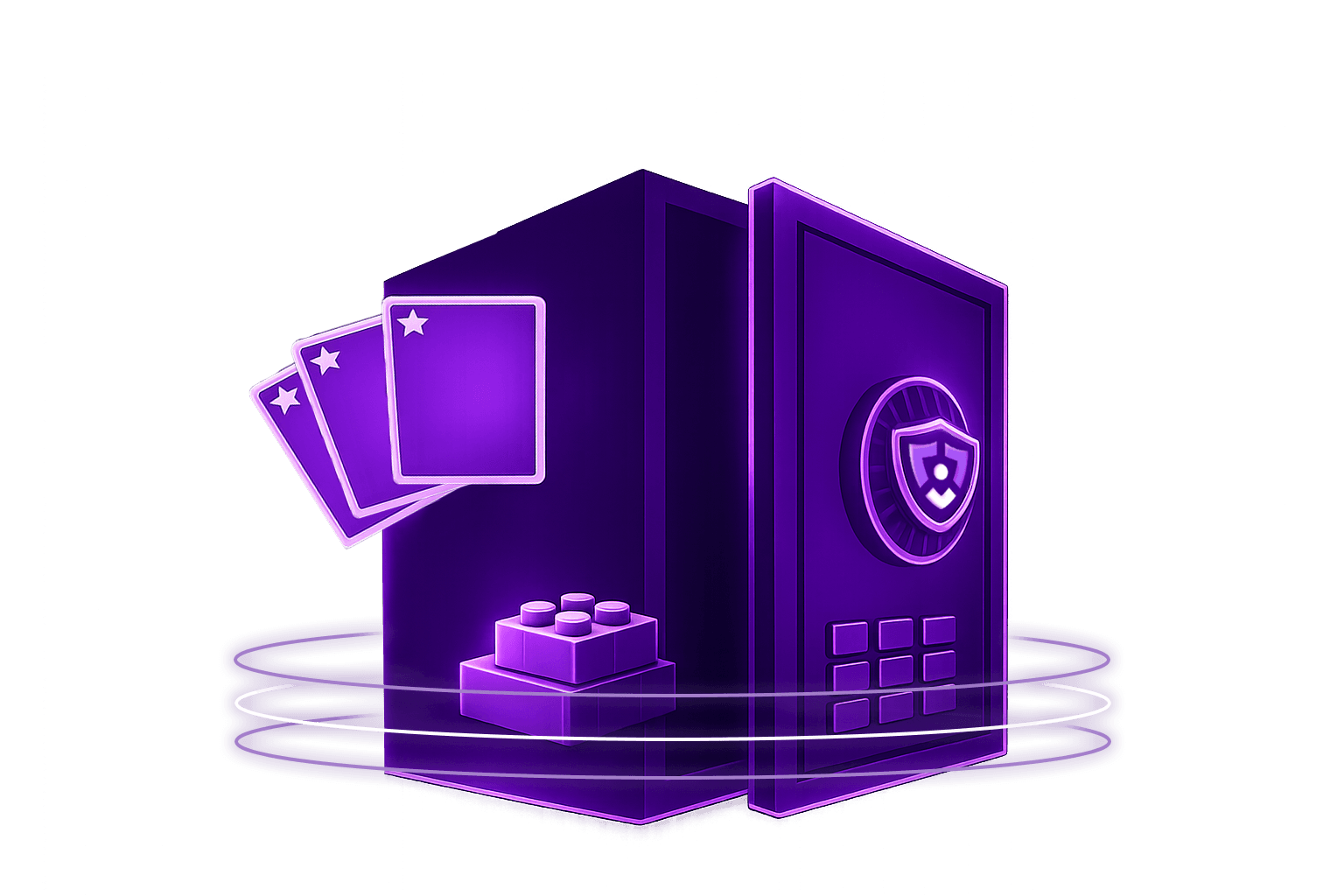 The same vault holding trading cards and a stacked blind box figure beside a shielded security panel